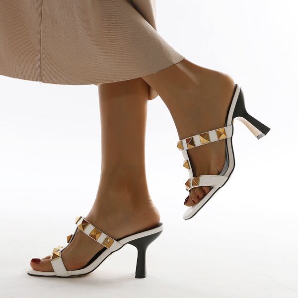 

Studded Decor Cut Out Sandal Mules, White