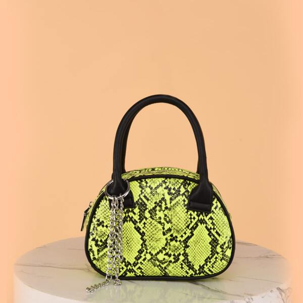 

Snakeskin Print Chain Decor Satchel Bag, Multicolor