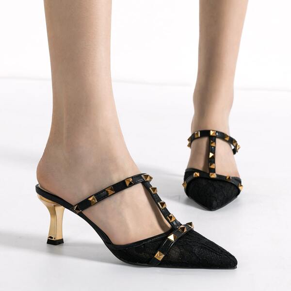

Studded Decor Point Toe Mules, Black
