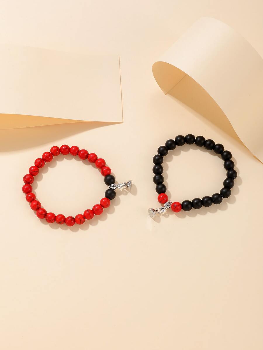 兩入組圓形串珠手鏈 - 紅色 - 查看 1