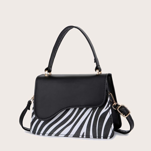 

Zebra Striped Satchel Bag, Black and white