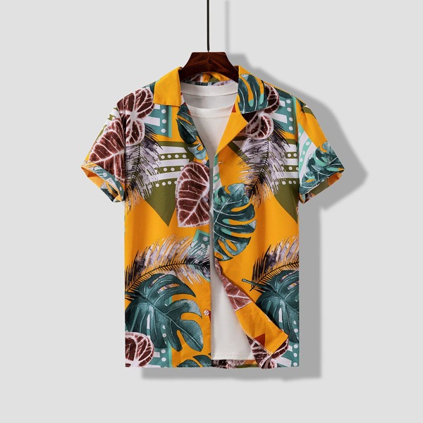 

Men Tropical Print Lapel Neck Shirt Without Tee, Multicolor