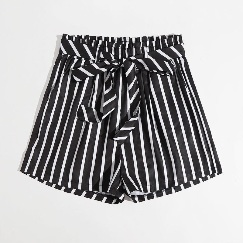 

Striped Belted Shorts, Black and white