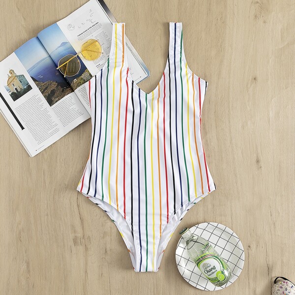 

Striped One Piece Swimsuit, White