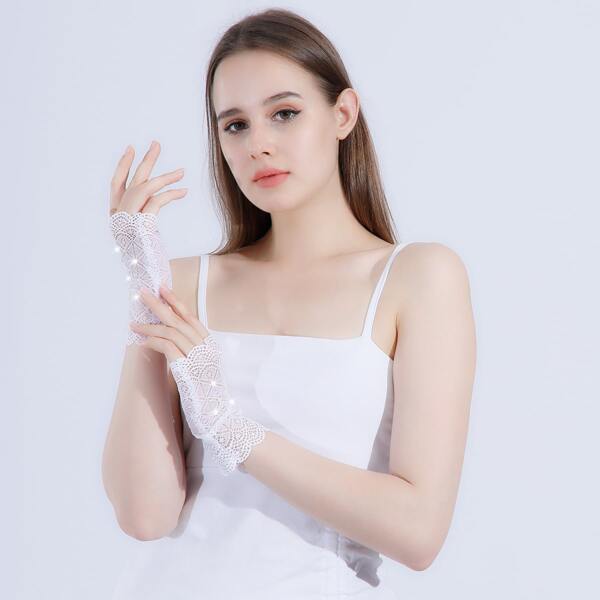 

Lace Faux Pearl Decor Gloves, White