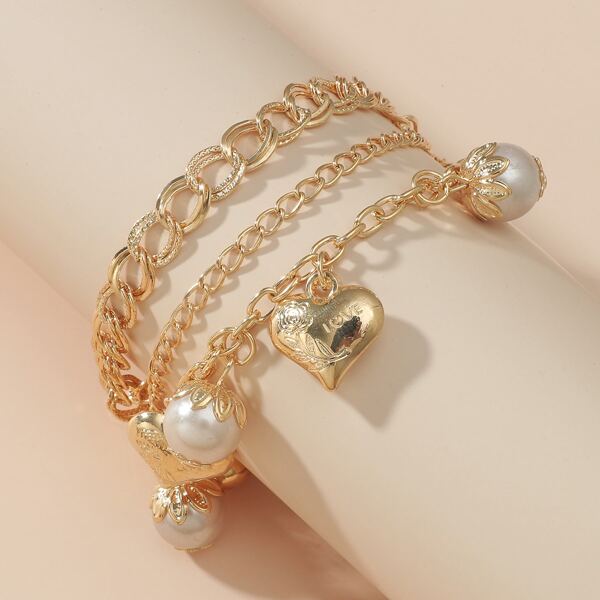 

Heart & Faux Pearl Charm Layered Bracelet, Gold