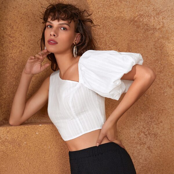 

Asymmetrical Neck Puff Sleeve Top, White