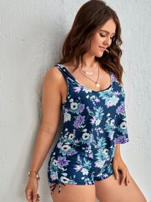Plus Size Floral Print Shorts Tankini Summer Beach - Multicolor - View 4