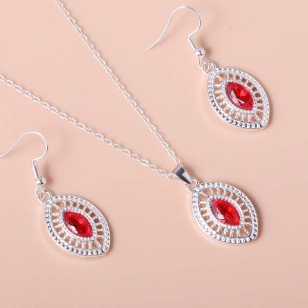 

Hollow Out Geometric Charm Necklace & Drop Earrings, Red