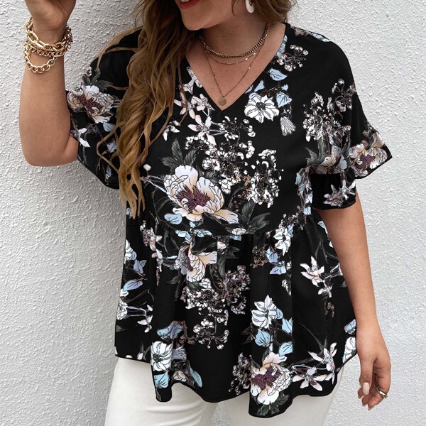 

Plus Floral Print Babydoll Blouse, Black