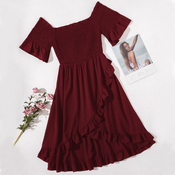 

Plus Shirred Ruffle High Low A-line Dress, Burgundy