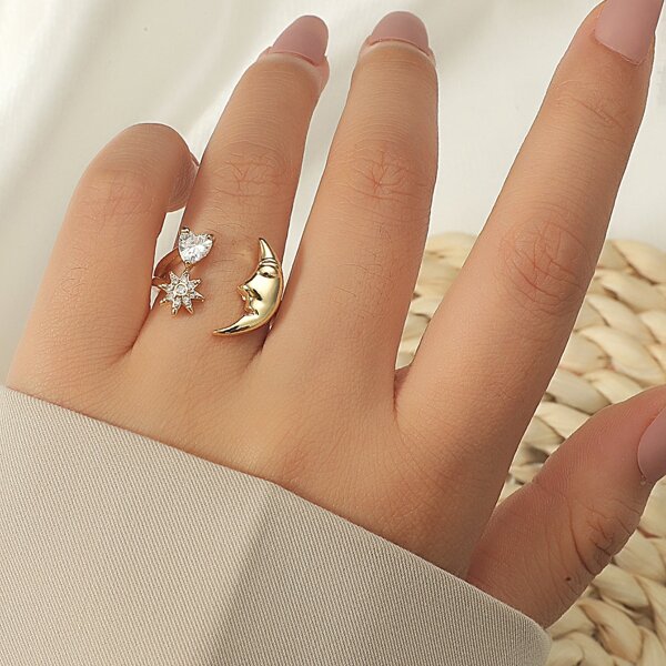 

1pc Moon & Heart Cuff Ring, Gold