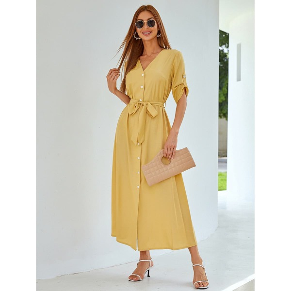 

Button Front Roll Up Sleeve Belted Dress, Yellow