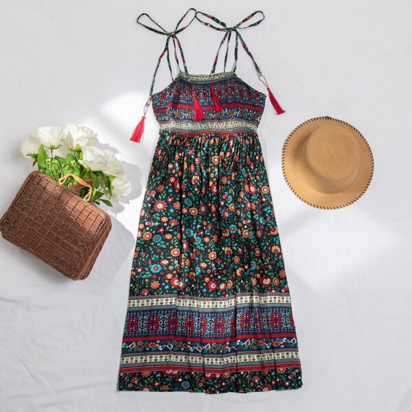 

Plus Floral Print Shirred Cami Dress, Multicolor