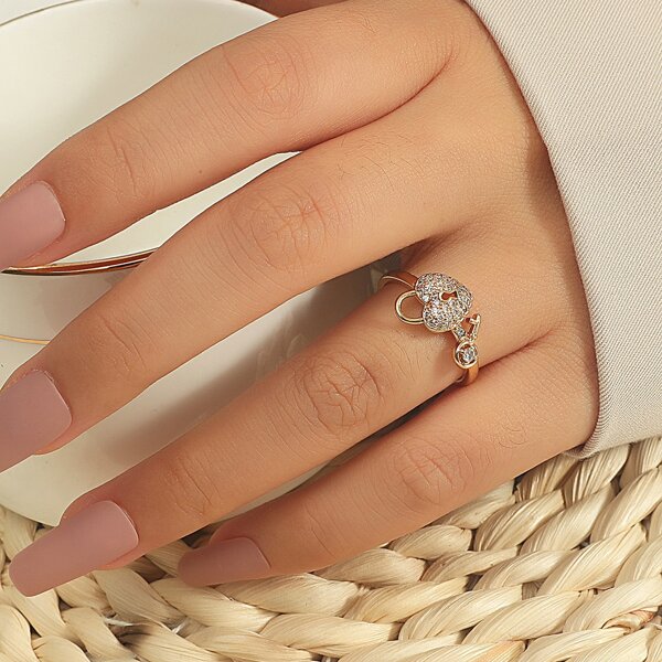 

1pc Rhinestone Lock & Key Design Ring, Gold