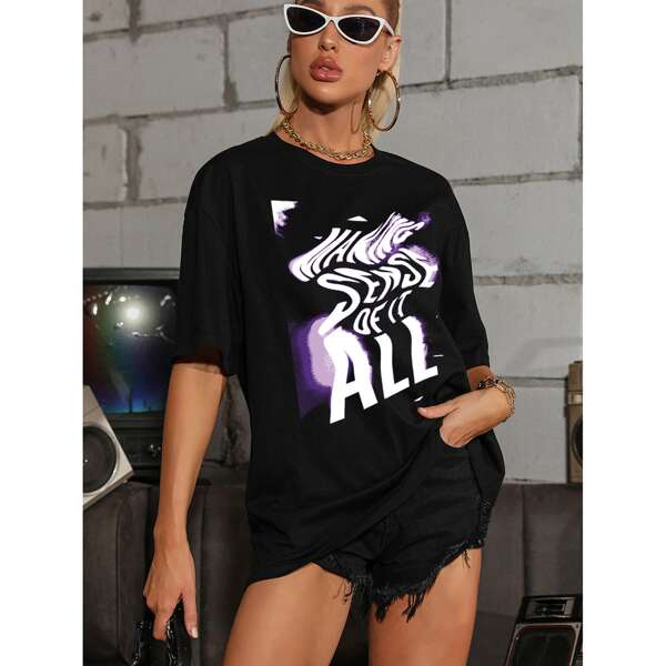 

Slogan Graphic Drop Shoulder Tee, Black