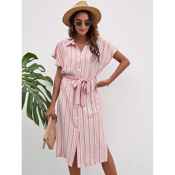 

Striped Self Tie Shirt Dress, Pink