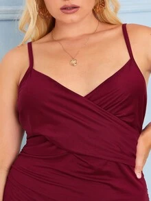 Plus Crossover Front Ruched Cami Bodycon Dress - Maroon - View 5