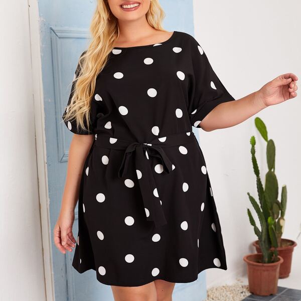 

Plus Polka Dot Batwing Sleeve Belted Dress, Black