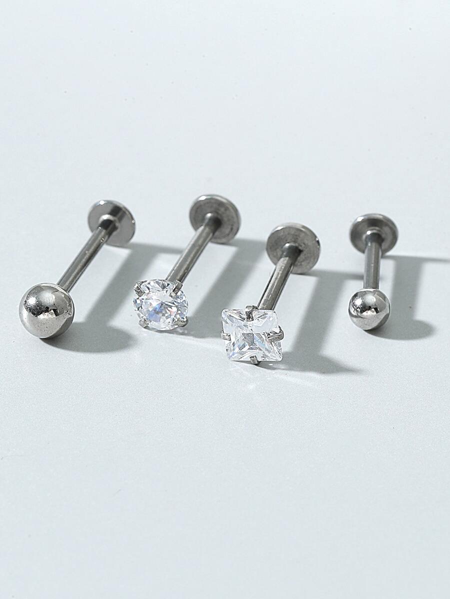 4pcs Rhinestone Detail Lip Studs - Silver - View 1