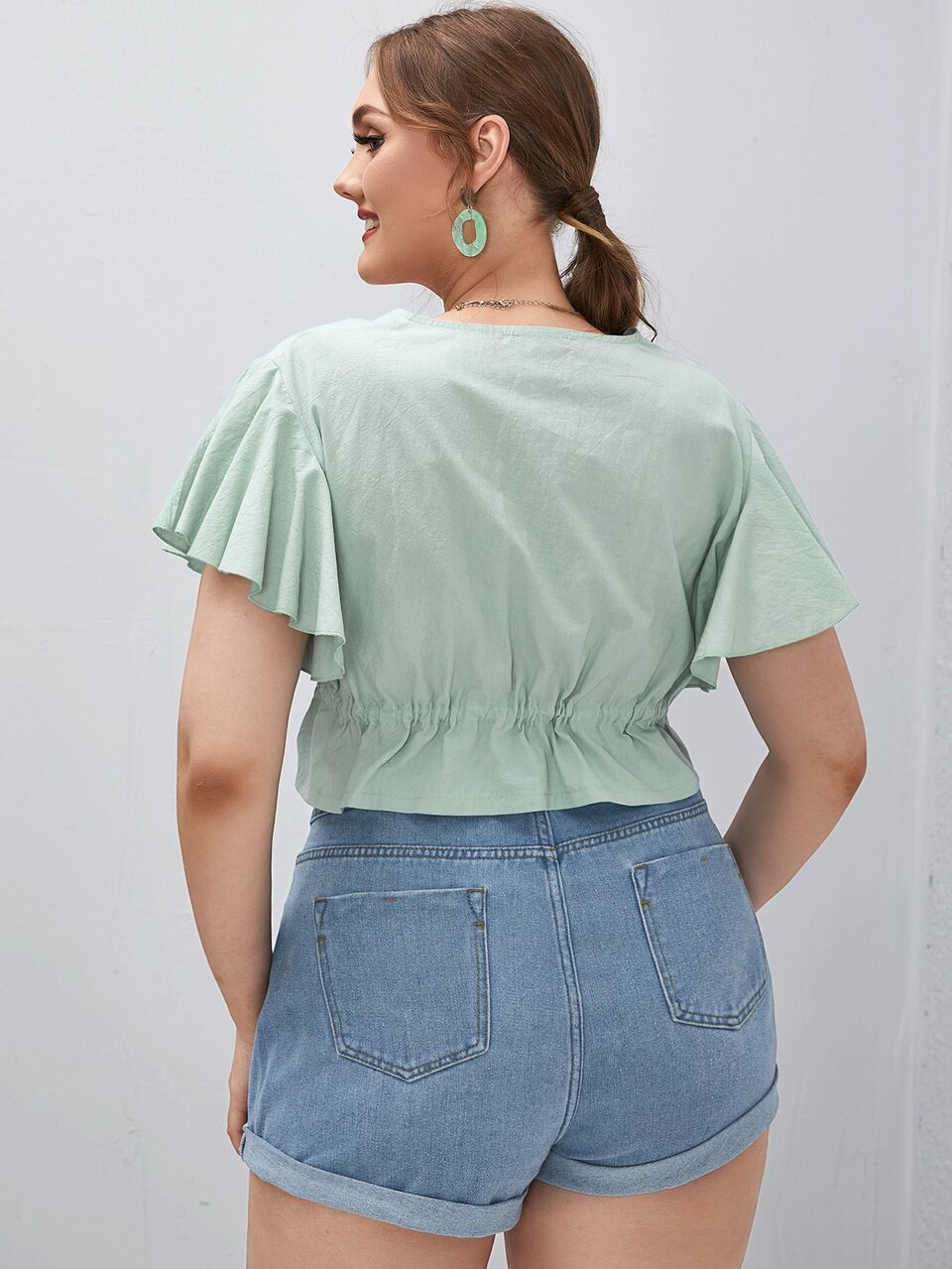 Plus Solid Knot Butterfly Sleeve Top