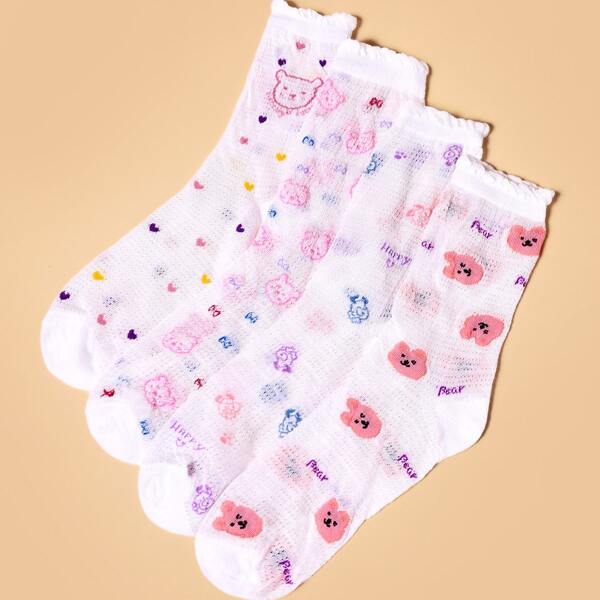 

4pairs Bear Pattern Crew Socks, White