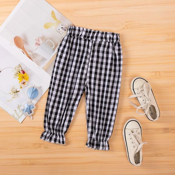 

Toddler Girls Gingham Ruffle Hem Pants, Black and white