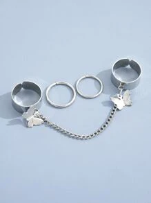 3入組蝴蝶細節戒指 - 銀色 - 查看 2