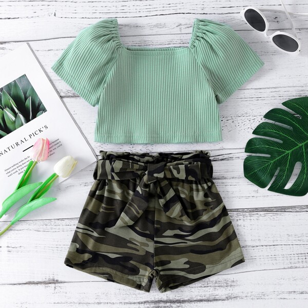 

Toddler Girls Puff Sleeve Tee With Camo Belted Shorts, Multicolor