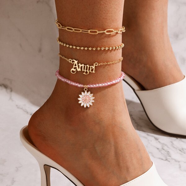 

4pcs Flower & Letter Decor Anklet, Gold