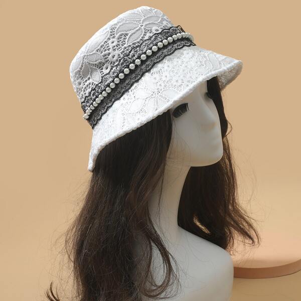 

Faux Pearl Decor Hat, White
