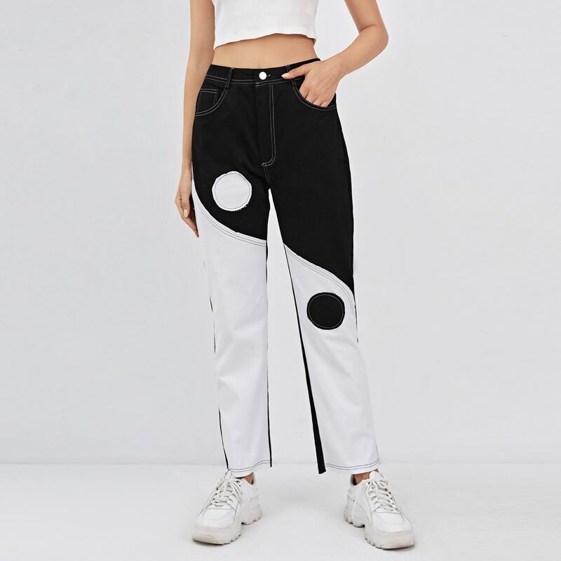 

Yin And Yang Graphic Button Fly Pants, Black and white