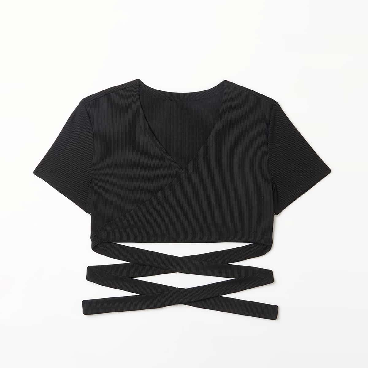 

Solid Wrap Criss Cross Ribbed Crop Top, Black
