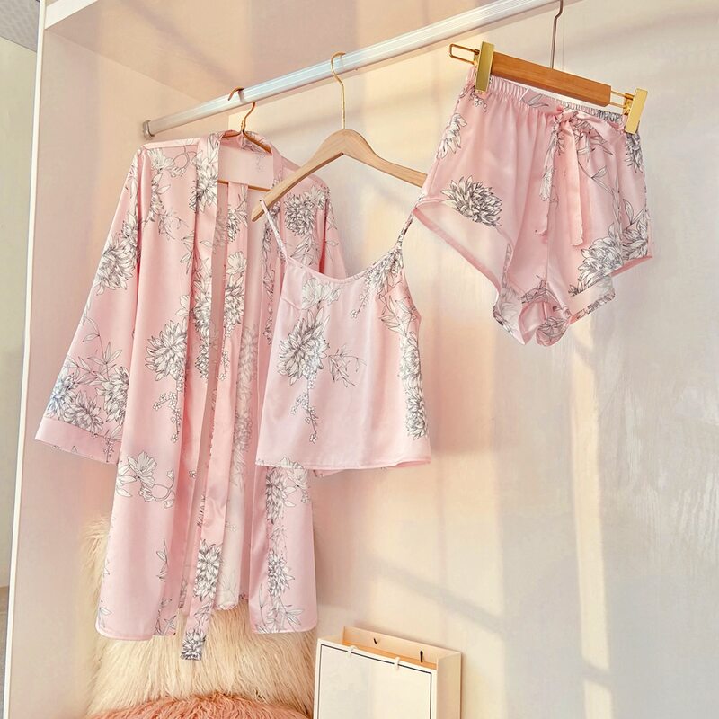 

Floral Print Self Tie Tie Waist Night Set, Pink