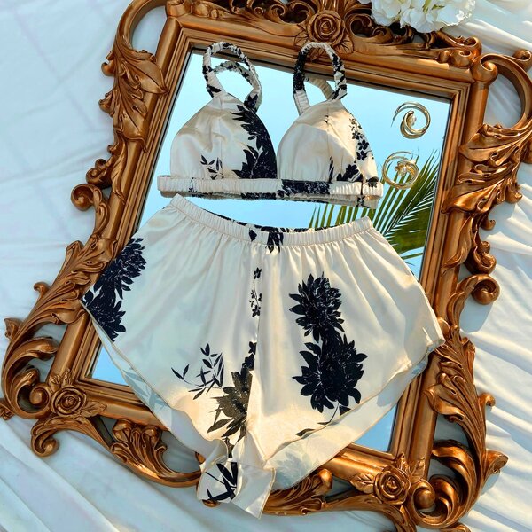 

Floral Print Night Set, Beige