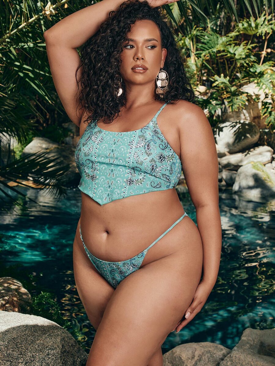 Plus Size Paisley Print Thong Bikini Set Summer Beach - Blue - View 1