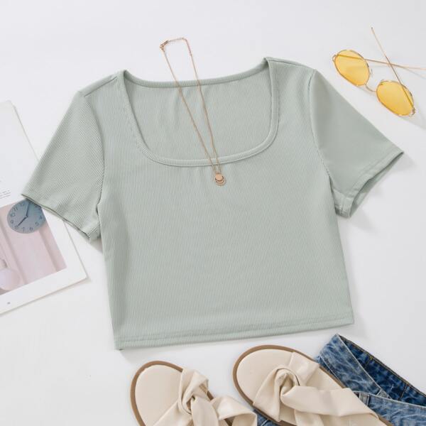 

Rib-knit Scoop Neck Crop Tee, Mint green
