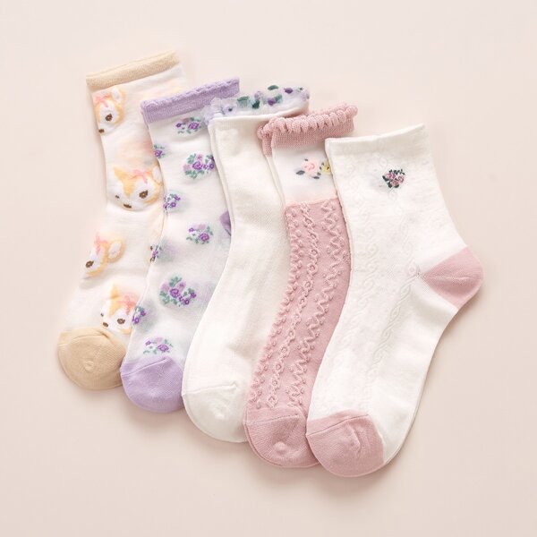 

5pairs Cartoon & Floral Graphic Crew Socks, Multicolor