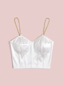 SHEIN Unity Chain Detail Silky Bustier Cami Crop Top - White - View 3