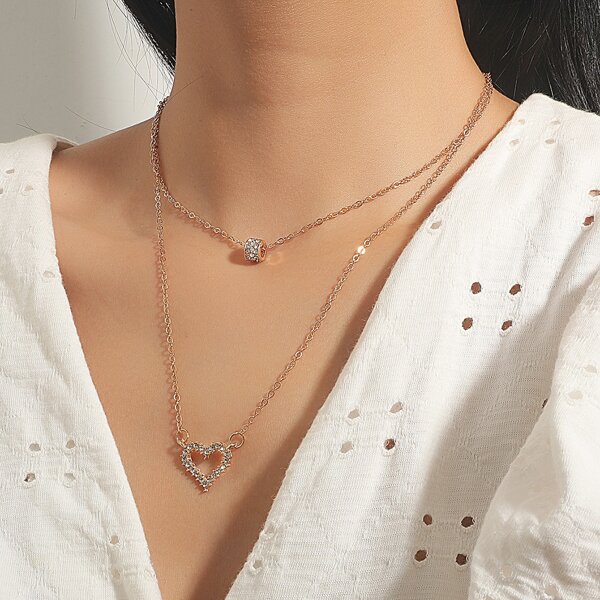 

Rhinestone Heart Charm Layered Necklace, Gold
