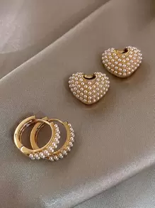 Andkiss Đồ trang trí Ngọc Trai giả Tim Thả hoa tai - Vàng - Xem 3