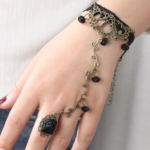 

Kids Lace Flower Decor Bracelet & Ring, Black