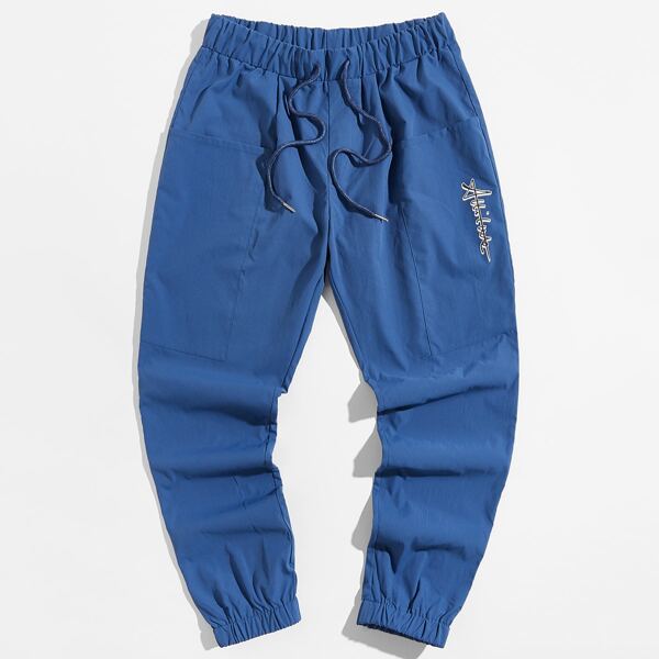 

Men Drawstring Waist Letter Graphic Pants, Blue