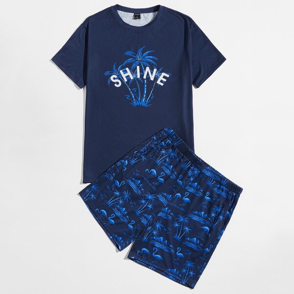 

Men Tropical & Letter Graphic Top And Shorts PJ Set, Navy blue