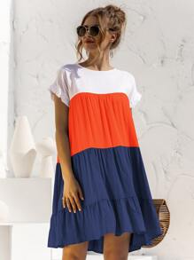 SHEIN LUNE 拼接面荷葉邊袖娃娃裙 - 彩色 - 查看 1