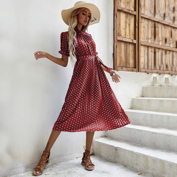 

Polka Dot Pleated Hem Puff Sleeve Belted Dress, Burgundy