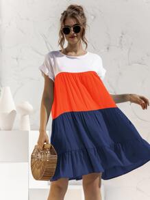 SHEIN LUNE 拼接面荷葉邊袖娃娃裙 - 彩色 - 查看 3