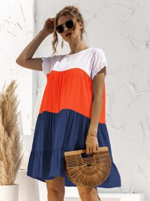 SHEIN LUNE 拼接面荷葉邊袖娃娃裙 - 彩色 - 查看 4