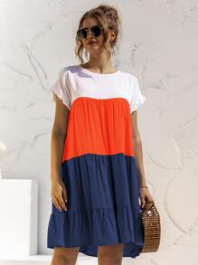 SHEIN LUNE 拼接面荷葉邊袖娃娃裙 - 彩色 - 查看 5