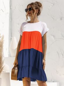 SHEIN LUNE 拼接面荷葉邊袖娃娃裙 - 彩色 - 查看 6